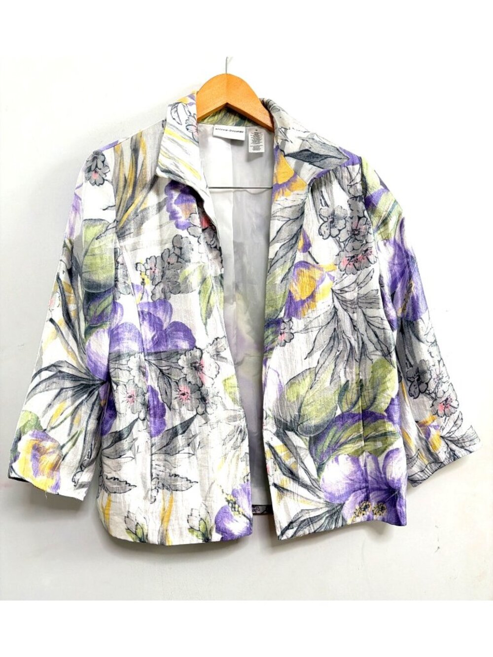 Alfred Dunner Floral Open Front Jacket Purple Yellow Easter Blazer Size 10